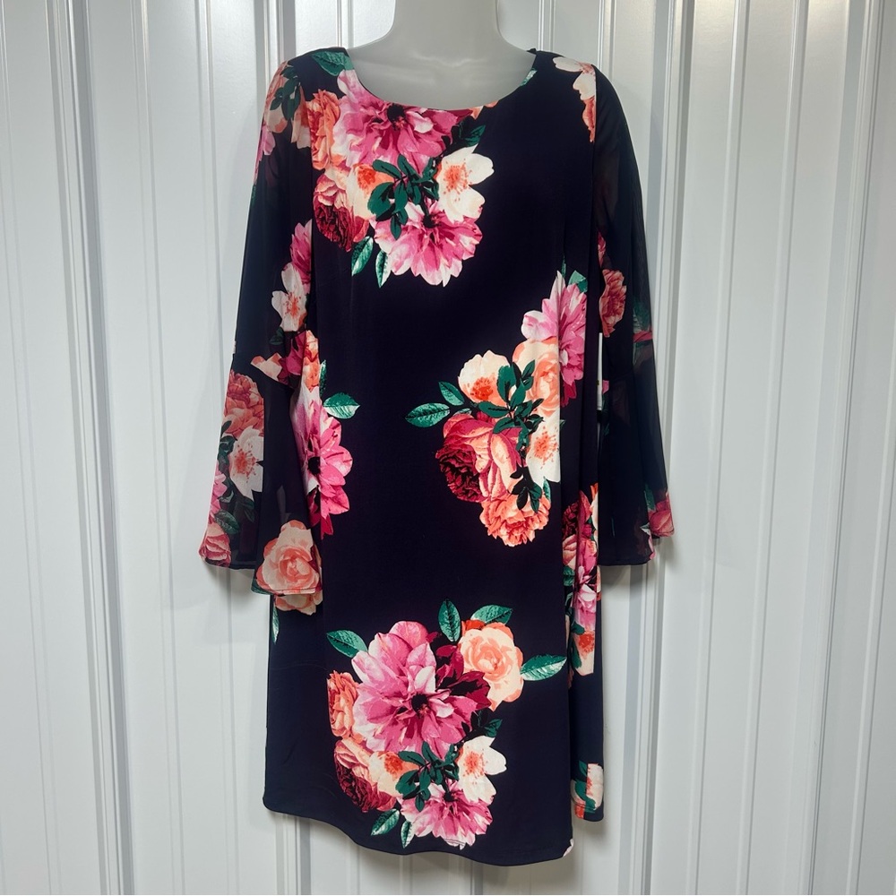 Jessica Howard Navy Floral Print Bell Sleeve dress Women's 14